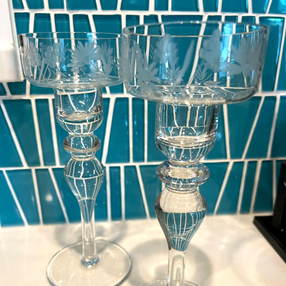 Rare Vintage Etched Crystal Candlesticks (unsigned) SET OF 2